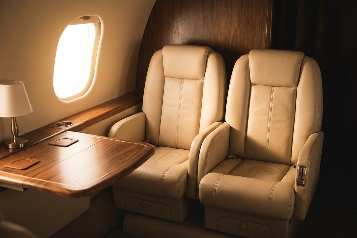 Beige Ledersitze in der Kabine eines Business-Jets