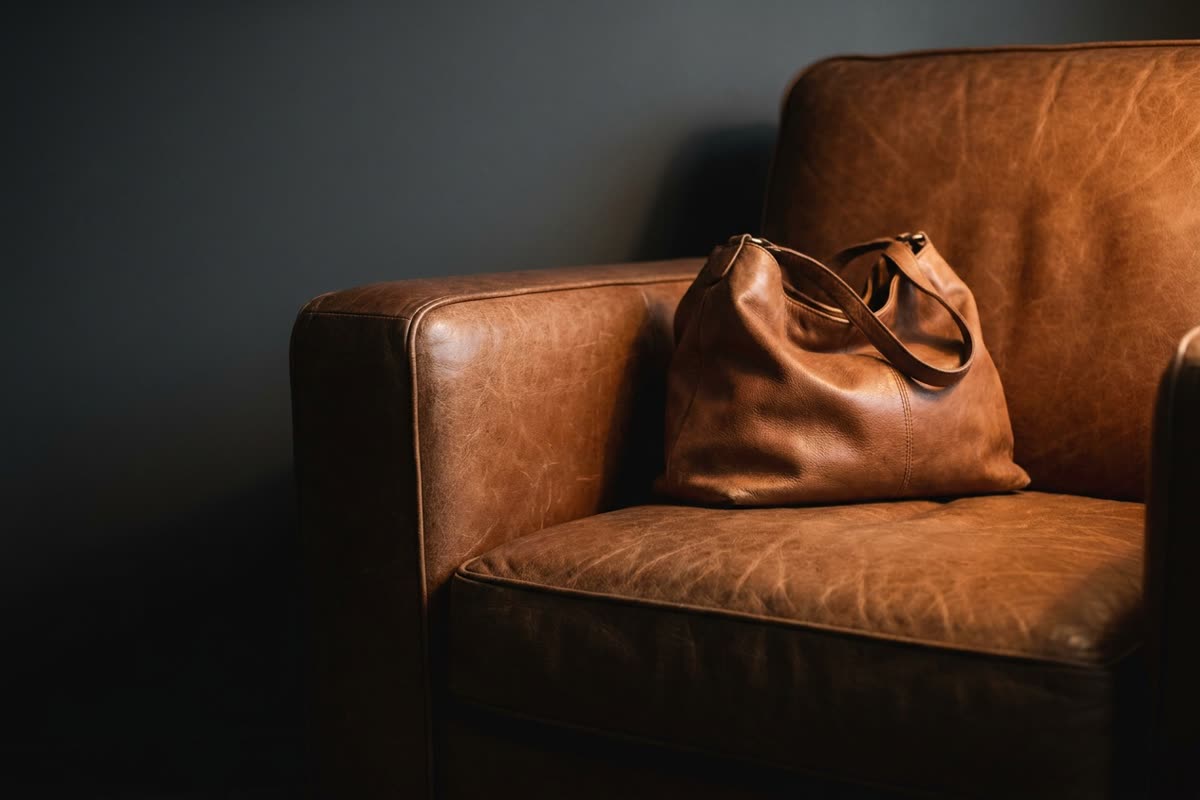 Cognacfarbener Ledersessel mit Ledertasche